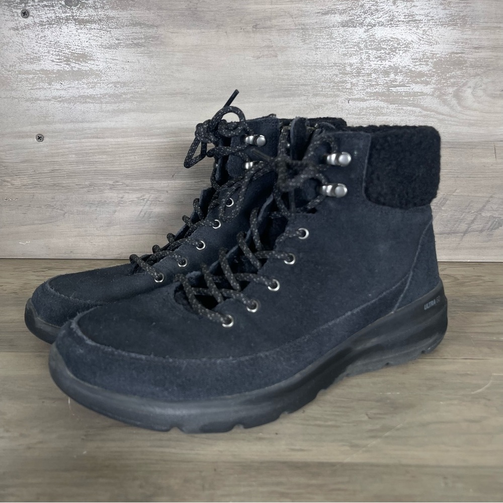 Skechers Women 10 Black Suede Leather Faux Fur Glacial Ultra Go Waterproof Boots